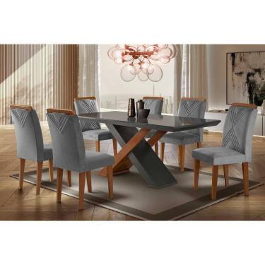 Imagem de Sala De Jantar Completa Imperatriz Tampo Madeirado C- Vidro Reto 180x90 E 6 Cadeiras Amsterdã Imbuia-grafite - Suede Grafite - Rufato