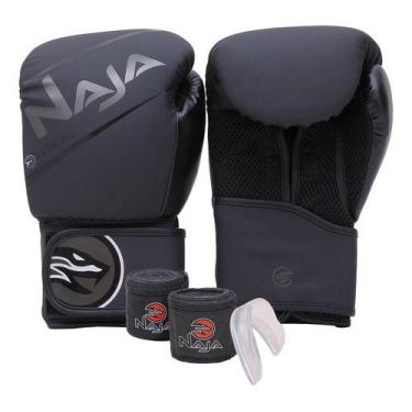 Imagem de Kit Luva Boxe Muay Thai + Bandagem + Bucal Naja Extreme, Preto, 10oz