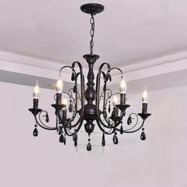 Imagem de HHTTXXYY Candelabro de vela preta, lustres de ferro industrial rústico de 5 luzes, luminárias modernas para pendurar velas para corredor, sala de estar, hall de entrada, quarto