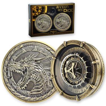 Imagem de Dragon Random King Dice Set （2 pcs） Unique 7-in-2 Metal Roulette Dice Wheel Roller with Gorgeous Gift Box for D&D Dungeon and Dragons and Tabletop Game - Brass
