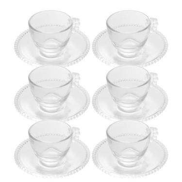 Imagem de Jogo 6 Xícara de Chá com Pires Cristal Transparente Pearl Pérola 180ml
