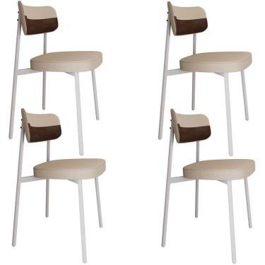 Imagem de Kit 04 Cadeiras Estofada Para Sala De Jantar Astrid Branco C01 Linho Areia Courino Whisky - Lyam Decor