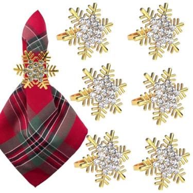 Imagem de mdgfge Conjunto De 6 Anéis Guardanapo Floco Neve Natal, Suporte Metal Com Strass, Fivelas Douradas Para Festa Fim Ano, Guardanapos Pano Casamento, Suprimentos Decoração Mesa Jantar