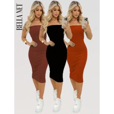 Imagem de KIT 3 Vestidos Midi Colado Tubinho sem alça Anarruga Sem Bojo Lindas C