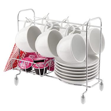 Imagem de Suporte para 6 Xícaras, 6 Pires, Cápsulas de Café e Porta Guardanapos em Aço Cromado com Ponteiras Brancas CR507 Utimil