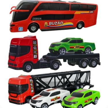 Imagem de Caminhão Cegonha Reboque 6 Pçs Ônibus Carrinho de Brinquedo Meninos - 