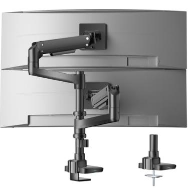 Imagem de WALI Suporte vertical de monitor duplo para telas curvas de 43 a 129 cm, braços duplos de monitor ultra amplo de até 20 kg, suporte empilhado para 2 monitores, braço de mola a gás ajustável para