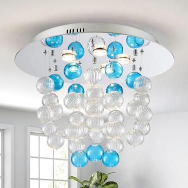 Imagem de Lustres de bolha Saint Mossi, luminária de teto azul moderna para sala de jantar, perfeito para espaço de estar, D19 x H17, 5 x soquetes GU10, abajur bolha branca e azul e moldura de metal com