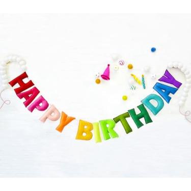 Imagem de Faixa pré-amarrada de feliz aniversário - guirlanda de bola de feltro - guirlanda de feliz aniversário, decorações de aniversário arco-íris, placa de feliz aniversário personalizada para decoração de