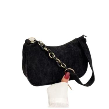 Imagem de Bolsa Feminina de Veludo Cotelê Preta com Corrente Dourada, Alça de Ombro