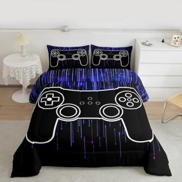 Imagem de jejeloiu Jogo de cama para meninos gamer, tamanho casal, roxo, para meninas e adolescentes, edredom hexagonal azul, respirável, macio, leve, microfibra para decoração de quarto de jogos, 3 peças