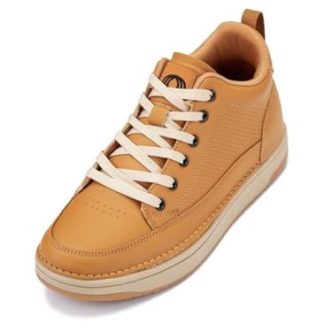 Imagem de CALTO Tênis masculino invisível que aumenta a altura – Tênis casual de couro sintético de cano baixo – 6 cm mais alto, Marrom camelo e sola de goma, 44