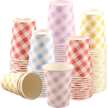 Imagem de joy akkess 100 peças de copos de papel guingão de 255 g - 4 cores de copos xadrez descartáveis de festa para bebidas, churrasco, piquenique, casamento, festa de aniversário