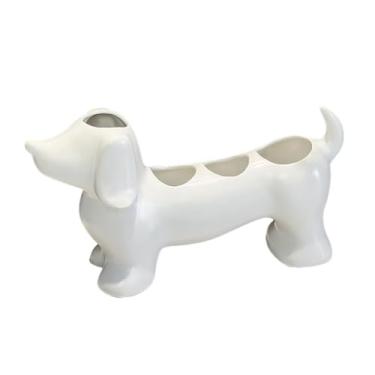 Imagem de WAIT FLY Suporte de escova de dentes de cerâmica em forma de dachshund, 4 compartimentos de armazenamento, escova de dentes e suporte de pasta de dente para banheiro e decoração de bancadas - branco