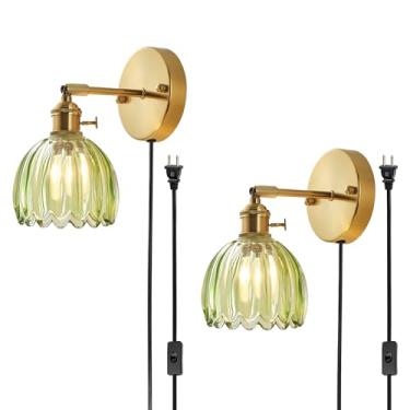 Imagem de Arandelas de parede conectadas e com fio, luz de parede de sombra de vidro de cristal tulipa vintage de luxo com interruptor para cabeceira quarto sala de estar (Tulip-Green, 2)