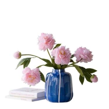 Imagem de Flores artificiais Vaso de cerâmica azul rosa guifei peônia simulação flor sala estar decoração arranjo flores