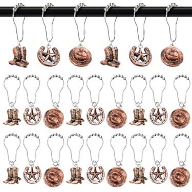 Imagem de Lyellfe 24 ganchos de cortina de chuveiro ocidentais, anéis de cortina de cowboy rústicos de aço inoxidável, cabide marrom, decoração de chuveiro criativa para banheiro