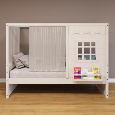 Imagem de Cama Casinha Reta Com Cortina Madeira Maciça Branco Housin
