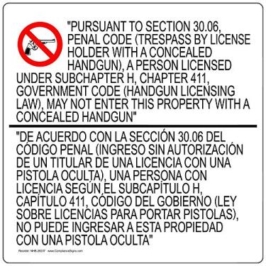 Imagem de ComplianceSigns. Com Texas 30.06 Decalque de etiqueta bilíngüe de transporte oculto, alumínio de 61 x 61 cm para álcool/drogas/armas