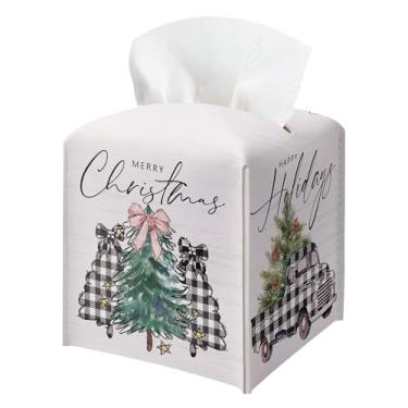 Imagem de Capa quadrada de caixa de Natal, suporte de caixa de lenços decorativa de caminhão xadrez búfalo, dispensador de caixas de lenços de couro à prova d'água para banheiro, quarto, mesa de cabeceira