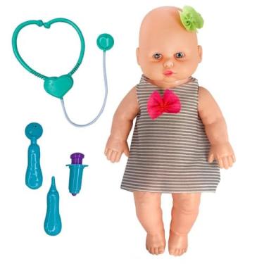 Imagem de Boneca Baby com Acessórios Médicos, Vestido Listrado Cinza, Kit Médico em Turquesa, Brinquedo Educativo Infantil