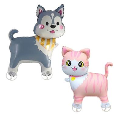 Imagem de 2 Pack Walking Animal Balloons With Wheels, Standing Pet Mylar Balloons, 21 * 26 inch Parties Animal Theme Balloon, Christmas Birthday Party Popular Decorations Supplies (Pink Cat and Grey Wolf)