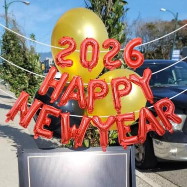 Imagem de 40,6 cm Feliz Ano Novo 2026 Balões Número 2026 Folha Balão Banner Foto Adereços Decoração Festiva Festa de Natal (conjunto Vermelho)