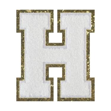 Imagem de 1 peça de patch de letra de chenille branco de 11,4 cm com borda dourada – Remendos do alfabeto para roupas, jaquetas, mochilas, chapéus para decoração personalizada, nome personalizado e artesanato