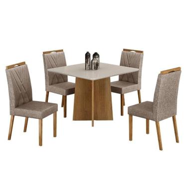 Imagem de Mesa de Jantar Jade 90cm Cinamomo Off White com 4 Cadeiras Lara Linho Bege - Valdemóveis