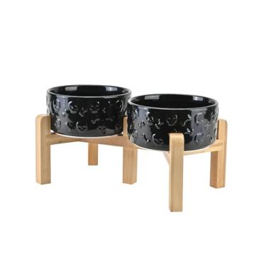 Imagem de SPUNKYJUNKY Tigelas elevadas de cerâmica para cães e gatos, 15 cm, com suporte de bambu antiderrapante para raças médias seguras para micro-ondas - 813 g, caveira preta