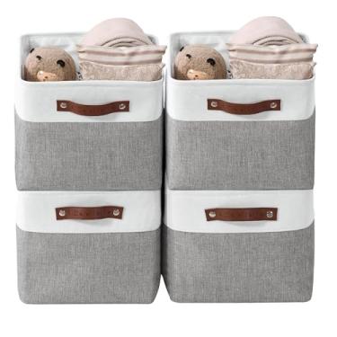 Imagem de DECOMOMO Cestas de armazenamento para prateleiras - Organizadores de armário de tecido e caixas de armazenamento, cestas perfeitas para organizar brinquedos de armário para berçário (cinza e branco