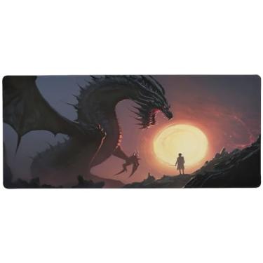 Imagem de Wassud Mouse pad grande de dragão de fogo preto para jogos com base de borracha antiderrapante, mouse pad longo para teclado de computador com borda costurada, almofada grande à prova d'água para