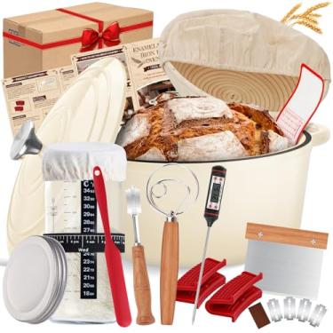 Imagem de Panela de forno holandês de ferro fundido esmaltado com tampa, incluindo suprimentos de cozimento de pão de fermento como cesta à prova de pão Banneton, pote iniciante, ferramenta de pontuação lame