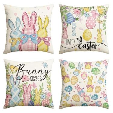 Imagem de AVOIN colorlife Capa de almofada Happy Easter Rabbit Easter Eggs Colorful Flowers Throw Covers, 40,6 x 40,6 cm, coelho beijos folhas de eucalipto, capa de almofada decoração para sofá conjunto de 4