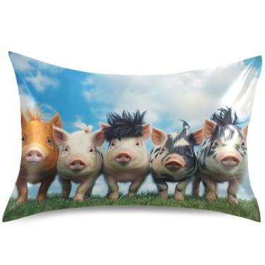 Imagem de Capa de almofada colorida de cetim grupo pequenos porcos capa de travesseiro refrescante padrão Queen King cama extra macia, tamanho king, 101,6 cm x 50,8 cm