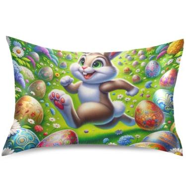 Imagem de Capas de almofada de cetim de coelhinho da páscoa prado alegre arte colorida almofada refrescante padrão king queen presentes de cama confortável, tamanho Queen, 76,2 cm x 50,8 cm