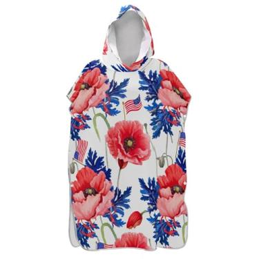 Imagem de TSENQUE Poncho de surfe com flores vermelhas e folhas azuis para adultos trocador de roupas de banho de praia com capuz ponchos femininos vestíveis com capuz