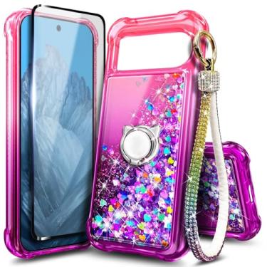 Imagem de WDHD Capa compatível com Google Pixel 10 Pro XL, rosa/roxo | Capa fofa com glitter brilhante para mulheres e meninas com protetor de tela de vidro temperado/suporte de anel/cordão de pulseira de