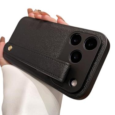 Imagem de Capa de couro resistente a impactos com alça de pulso de luxo para iPhone 17 Pro, 16, 15, 14, 13, 12 e 17 Pro Max, cor lisa, capa macia, preta, para iPhone 15