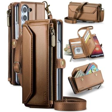 Imagem de YYTVN Capa carteira para Samsung Galaxy Z Fold 5 com zíper para cartão, bloqueio de RFID, carteira magnética de couro PU com alça transversal e alça de pulso para Galaxy Z Fold 5 - marrom