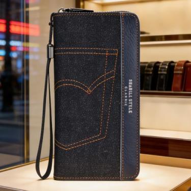 Imagem de Carteira masculina, carteira longa de couro com estampa jeans com zíper único, organizador casual com bolso grande para telefone, vários compartimentos para cartões e bloqueio RFID (preto)