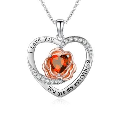 Imagem de WYDDO Colar feminino com pedra do mês de nascimento, coração, rosa, pingente "I Love You", aniversário, Natal, Dia dos Namorados, presente para sua esposa, filha, mãe, Base, Zircônia cúbica