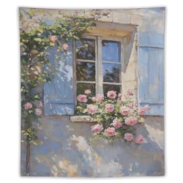 Imagem de Tapeçaria de janela de casa de campo francesa persianas azuis rosas rosas exuberantes estilo pintura a óleo parede rústica decoração de casa para quarto sala de estar ambiente encantador 70 x 90
