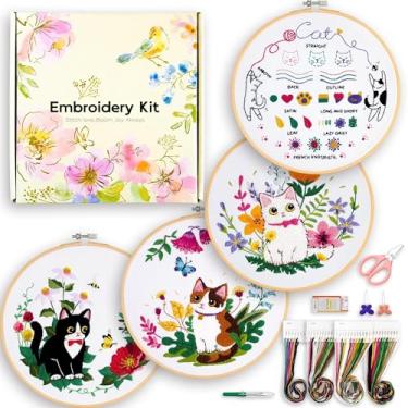 Imagem de Kit de bordado para iniciantes, 4 conjuntos de kits de bordado para gatos, kits de ponta de agulha para adultos iniciantes, com pacote completo de suprimentos de costura e instruções detalhadas fáceis