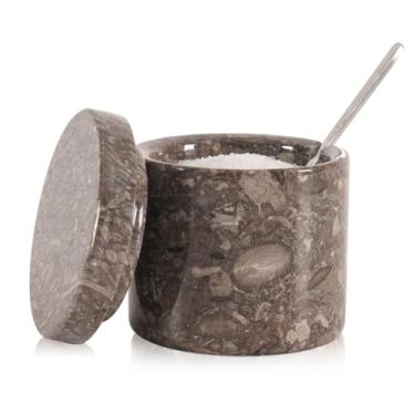 Imagem de SPESHSTONES Adega de sal de mármore com tampa e colher - Pote de temperos - Armazenamento de cozinha - Caixa de sal - Recipiente de tempero artesanal - Açucareiro (oceânico)
