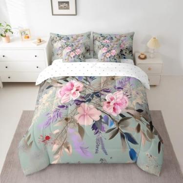 Imagem de Erosebridal Conjunto de edredom Queen floral Aesthetics, 7 peças, lençol de flores rosa em uma bolsa para crianças, adultos, verde e roxo e folhas botânicas, conjunto de cama reversível com edredom