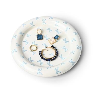 Imagem de Koythin Bandeja de joias, organizador de joias de cerâmica, decoração de quarto de coquete de laço, estética para cozinha, banheiro, aniversário, mãe (laço azul)