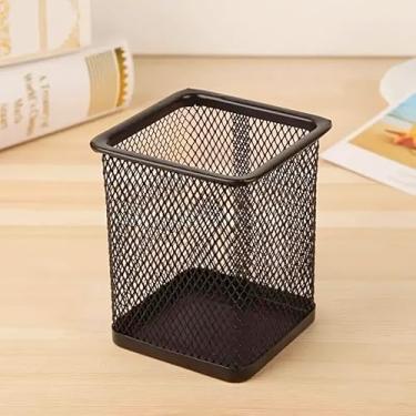 Imagem de 1 suporte de caneta de metal de malha, porta-copo quadrado para casa, escola e escritório, preto