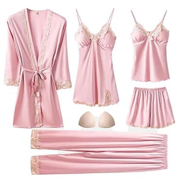 Imagem de HHHJQFAAT Conjunto de pijama feminino pijama feminino roupa de dormir feminina pijama de cetim camisola 5 peças roupão vestido de noite XXL azul marinho-B (conjunto de tinta b)