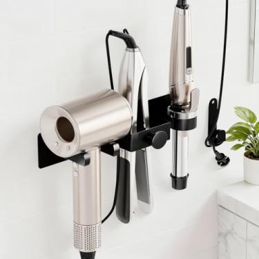 Imagem de DOTCUTY Suporte de secador de cabelo montado na parede, suporte de modelador de cachos 3 em 1, chapinha plana com plugue e organizador de cabos, organizador de ferramentas de cabelo de banheiro